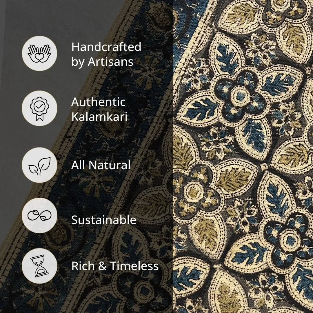 Handmade Cotton Rugs In A Indigo And Beige Kalamkari Print | Handmade In India