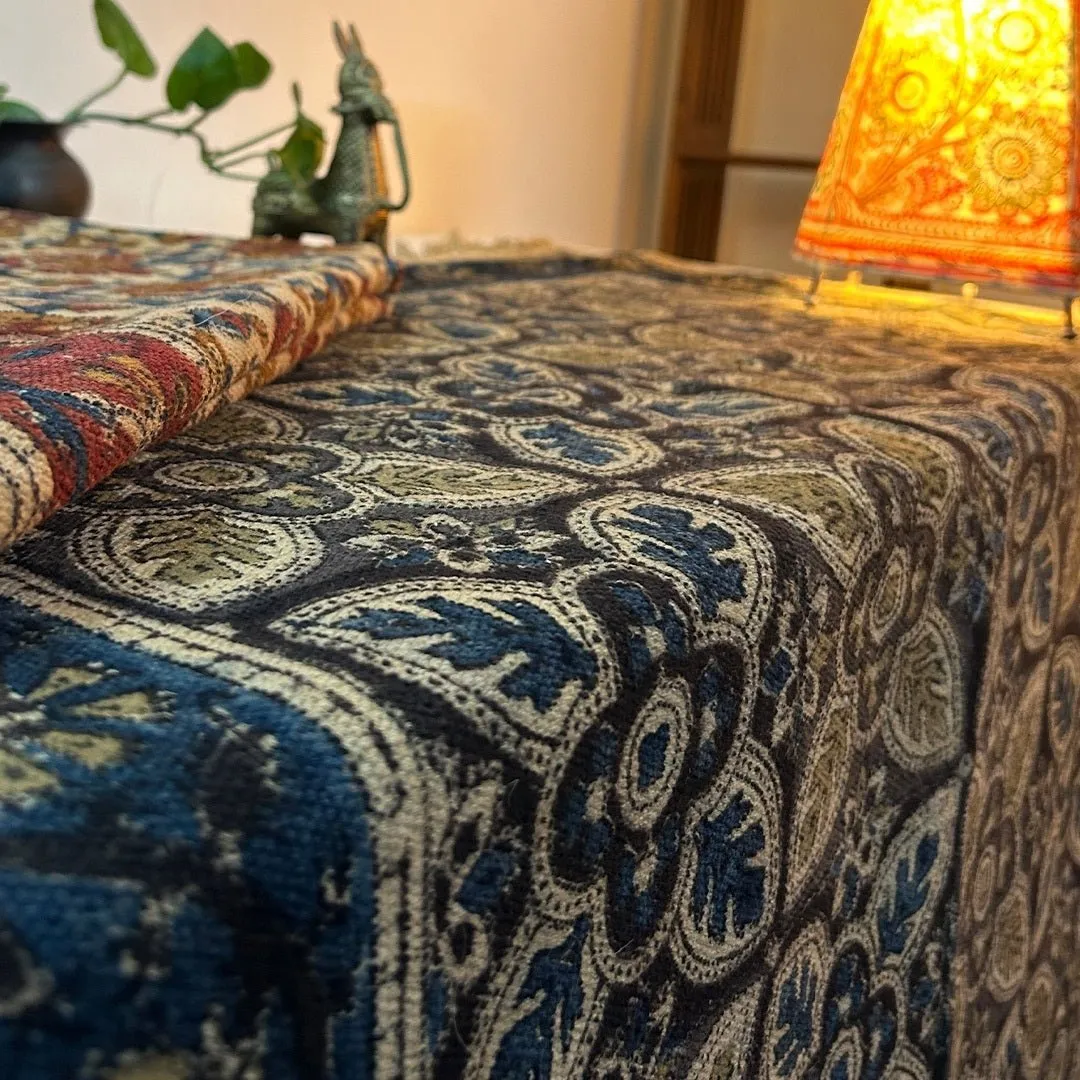 Handmade Cotton Rugs In A Indigo And Beige Kalamkari Print | Handmade In India