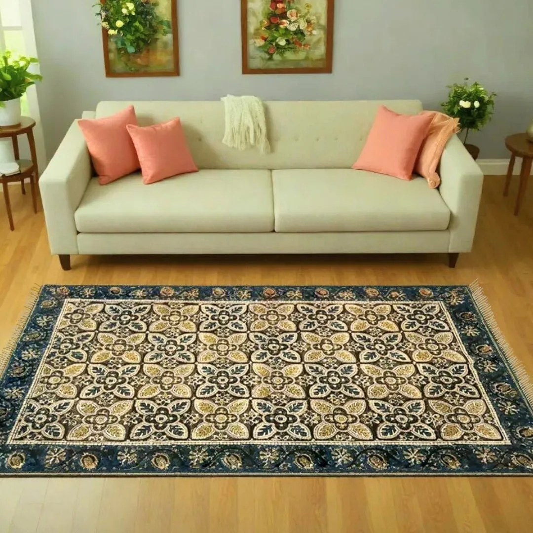Handmade Cotton Rugs In A Indigo And Beige Kalamkari Print | Handmade In India