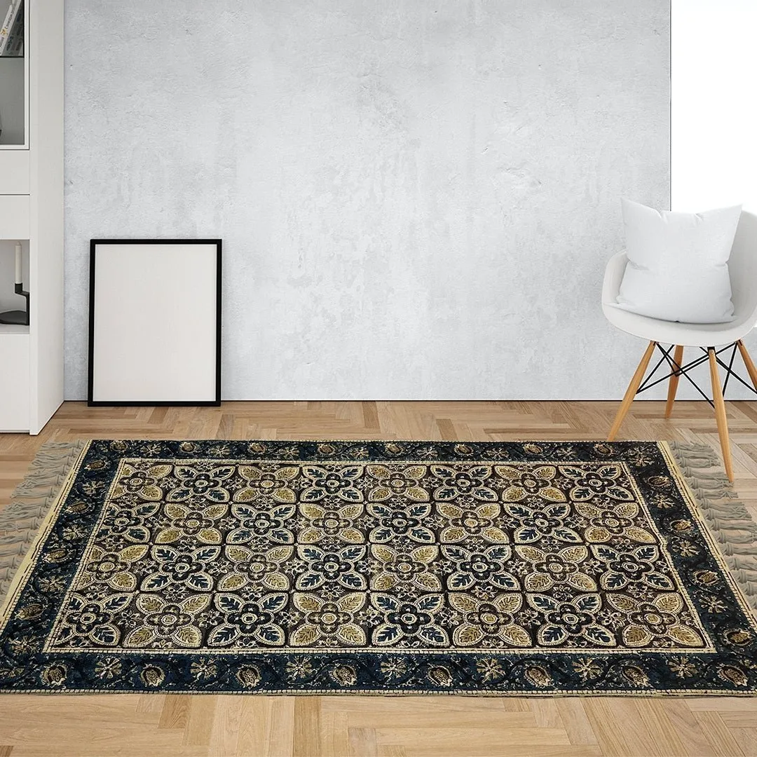 Handmade Cotton Rugs In A Indigo And Beige Kalamkari Print | Handmade In India