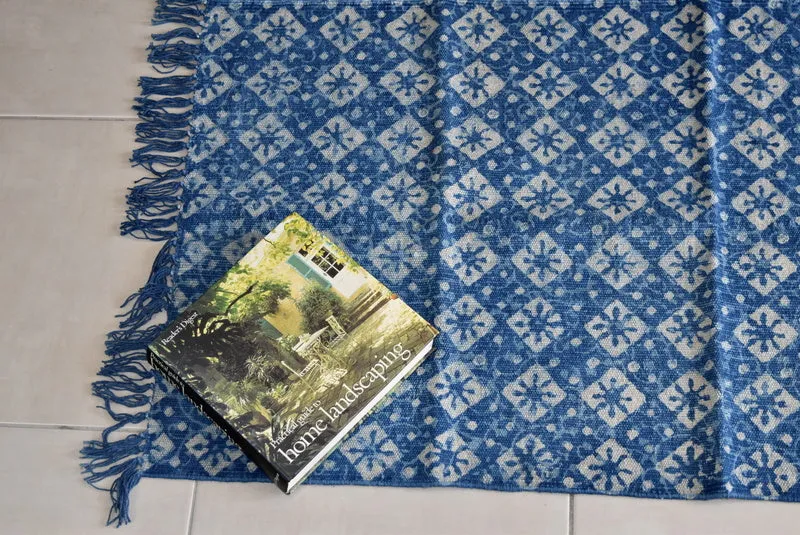 Handmade Geometrical Indigo Block Print Cotton Dhurrie Carpet Runner