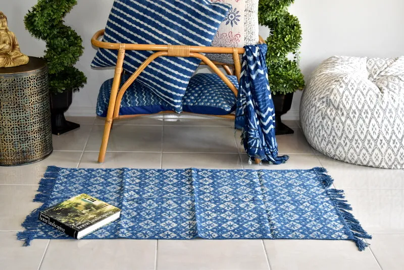 Handmade Geometrical Indigo Block Print Cotton Dhurrie Carpet Runner