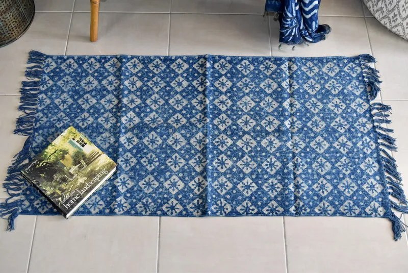 Handmade Geometrical Indigo Block Print Cotton Dhurrie Carpet Runner