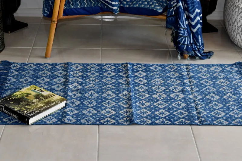 Handmade Geometrical Indigo Block Print Cotton Dhurrie Carpet Runner