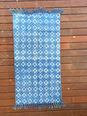 Handmade Geometrical Indigo Block Print Cotton Dhurrie Carpet Runner
