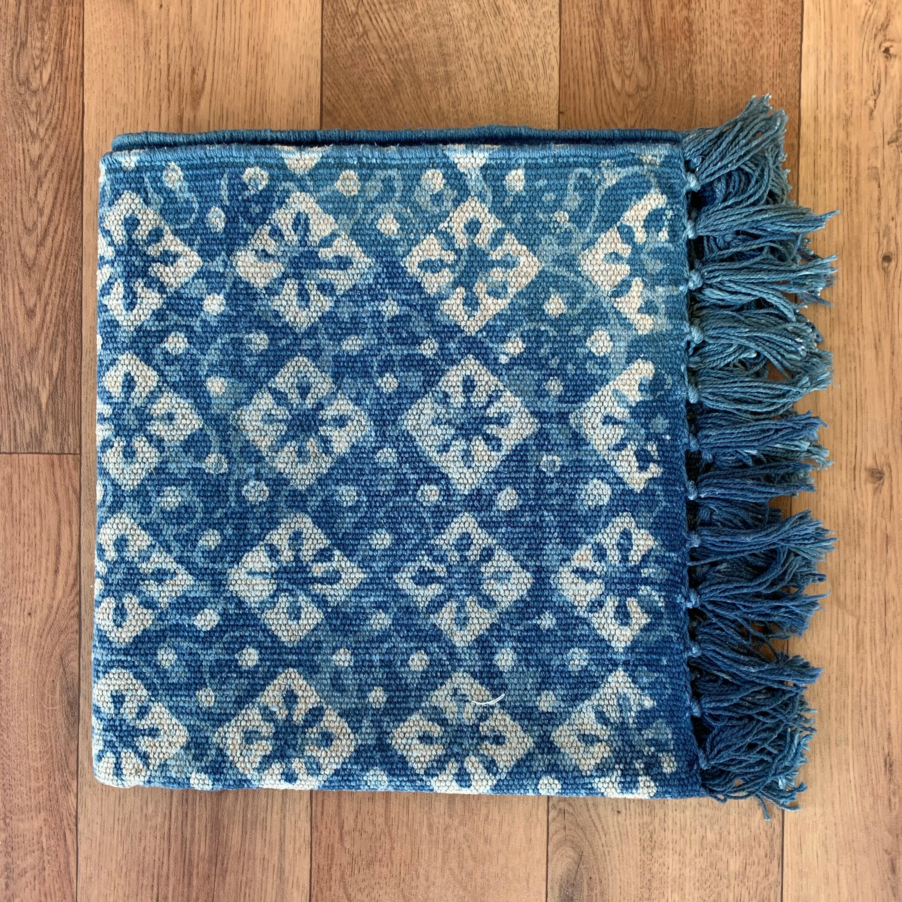 Handmade Geometrical Indigo Block Print Cotton Dhurrie Carpet Runner