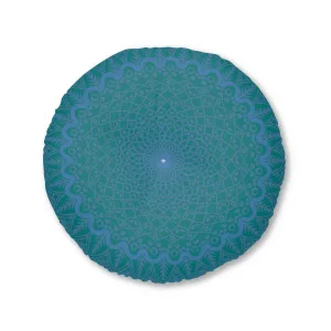 Handmade Mandala Art Floor Cushion - Steel Blue on Teal Background