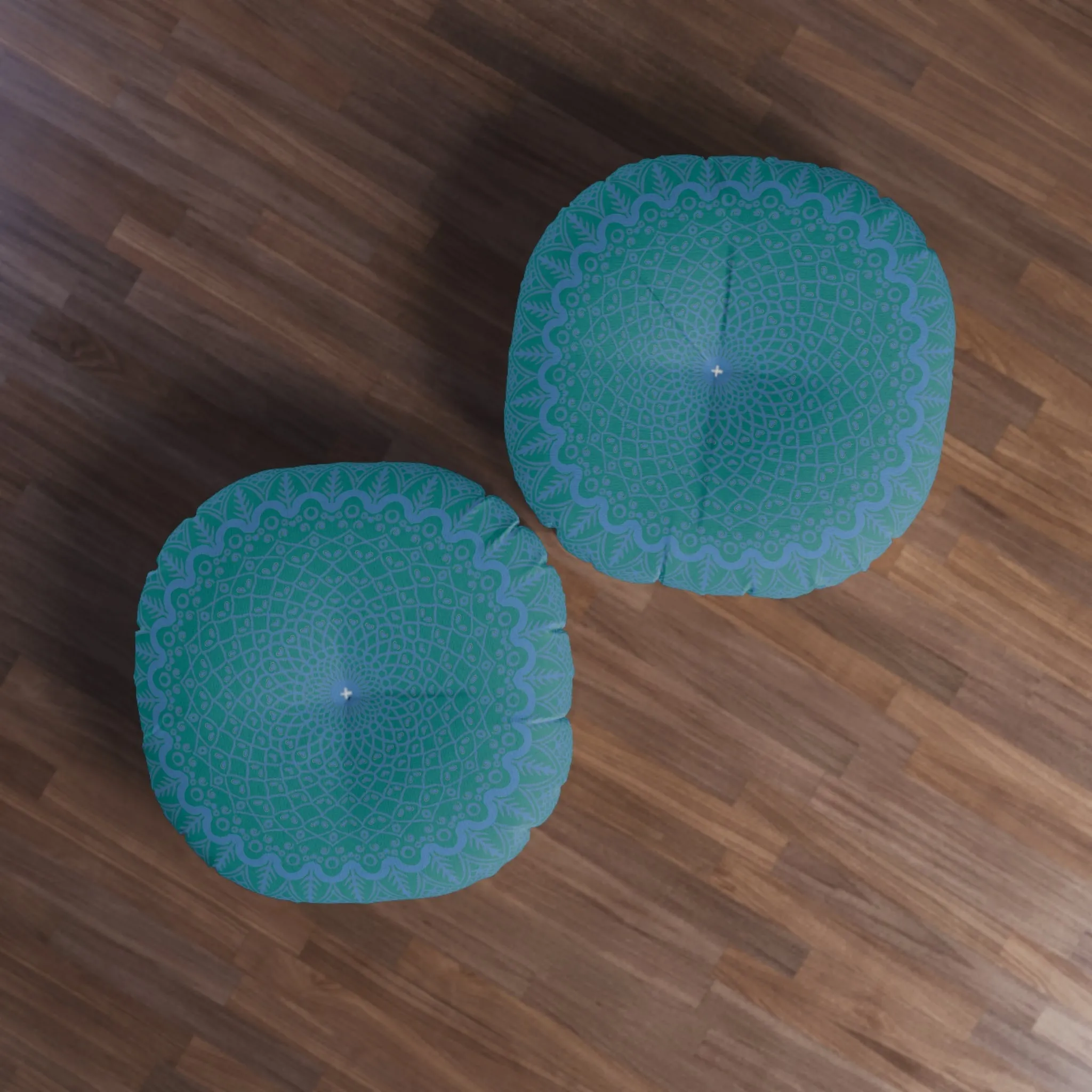 Handmade Mandala Art Floor Cushion - Steel Blue on Teal Background