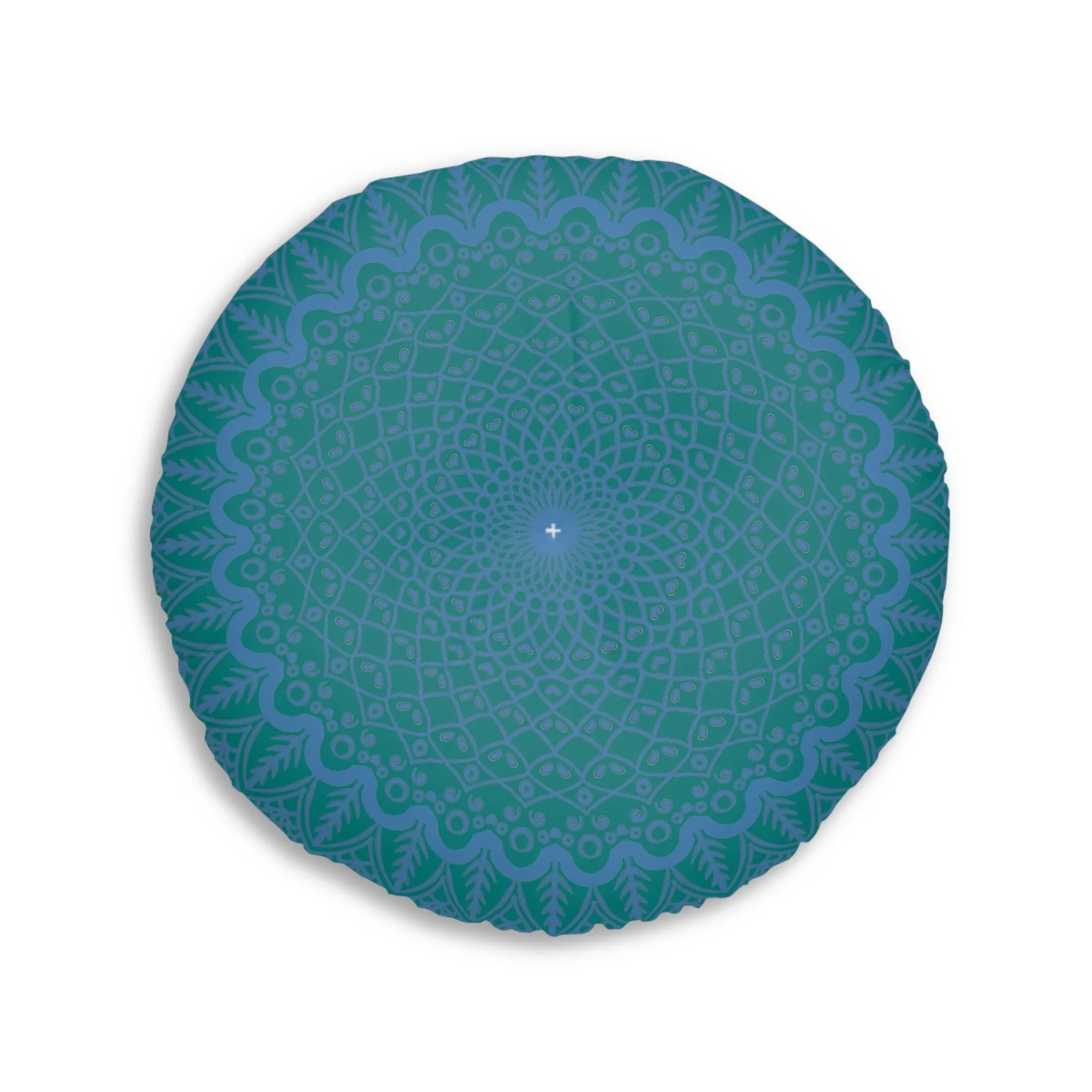 Handmade Mandala Art Floor Cushion - Steel Blue on Teal Background