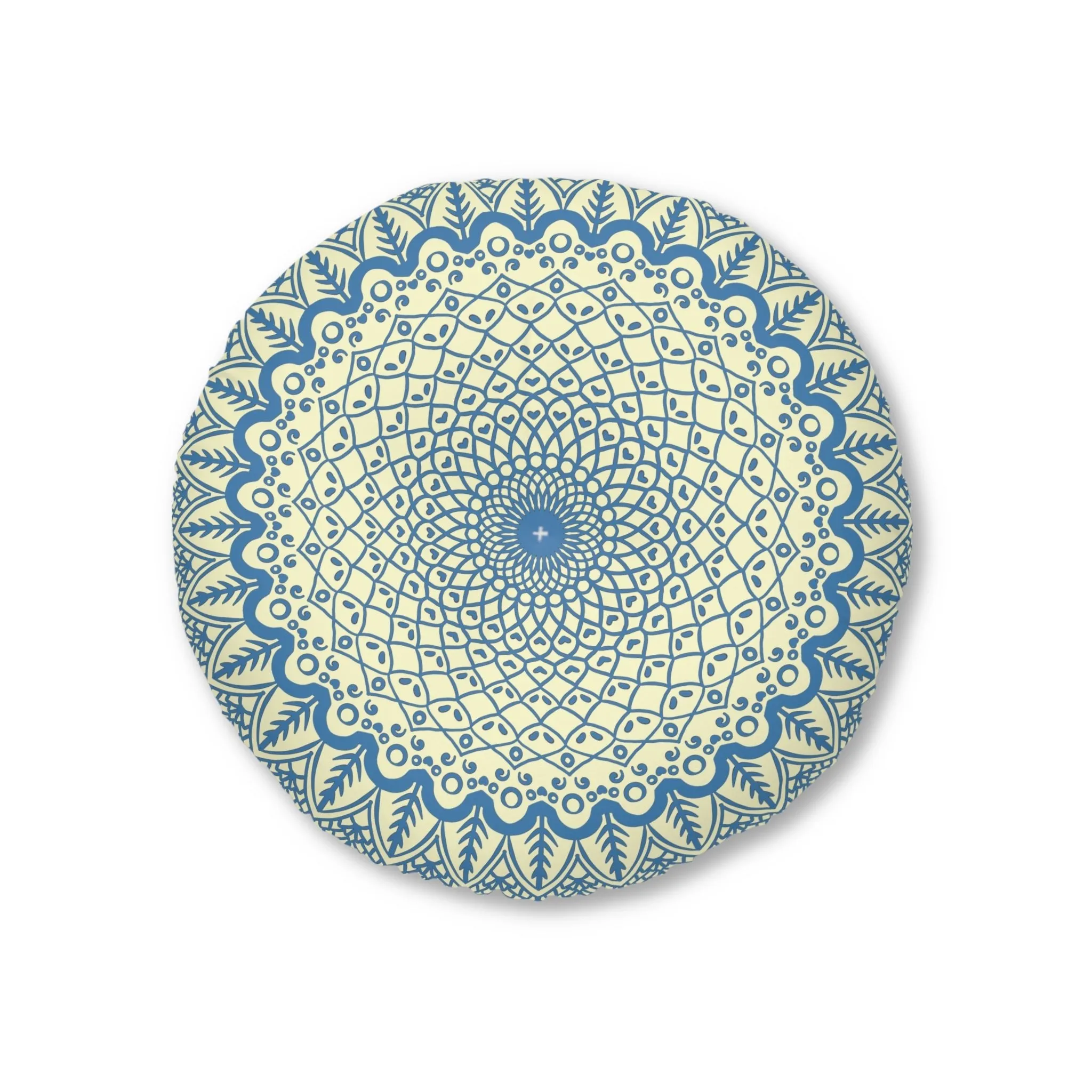 Handmade Mandala Art Steel Blue Cream Floor Cushion - Round
