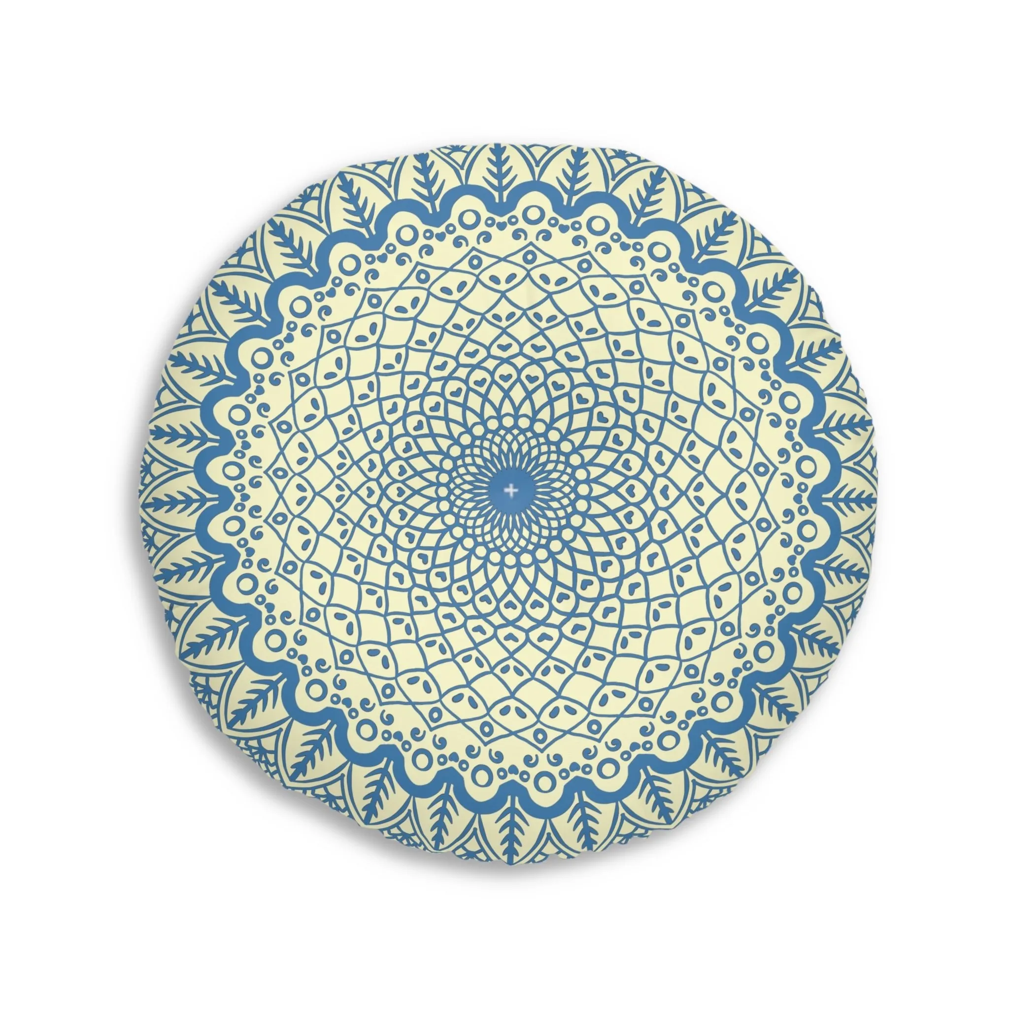 Handmade Mandala Art Steel Blue Cream Floor Cushion - Round