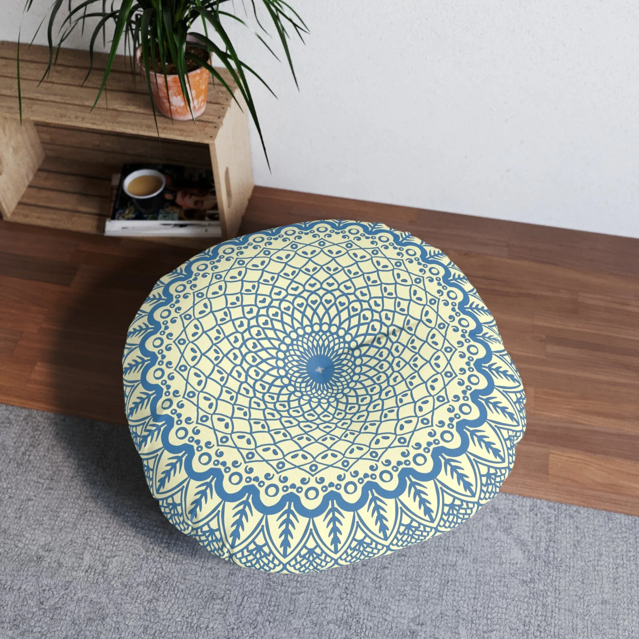Handmade Mandala Art Steel Blue Cream Floor Cushion - Round