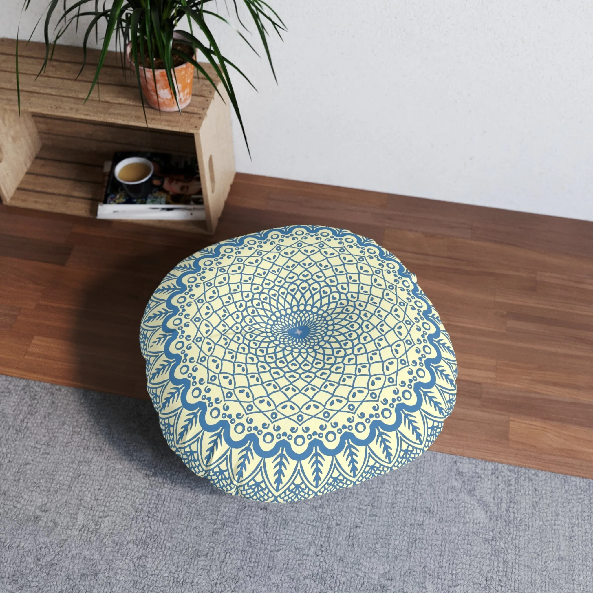 Handmade Mandala Art Steel Blue Cream Floor Cushion - Round