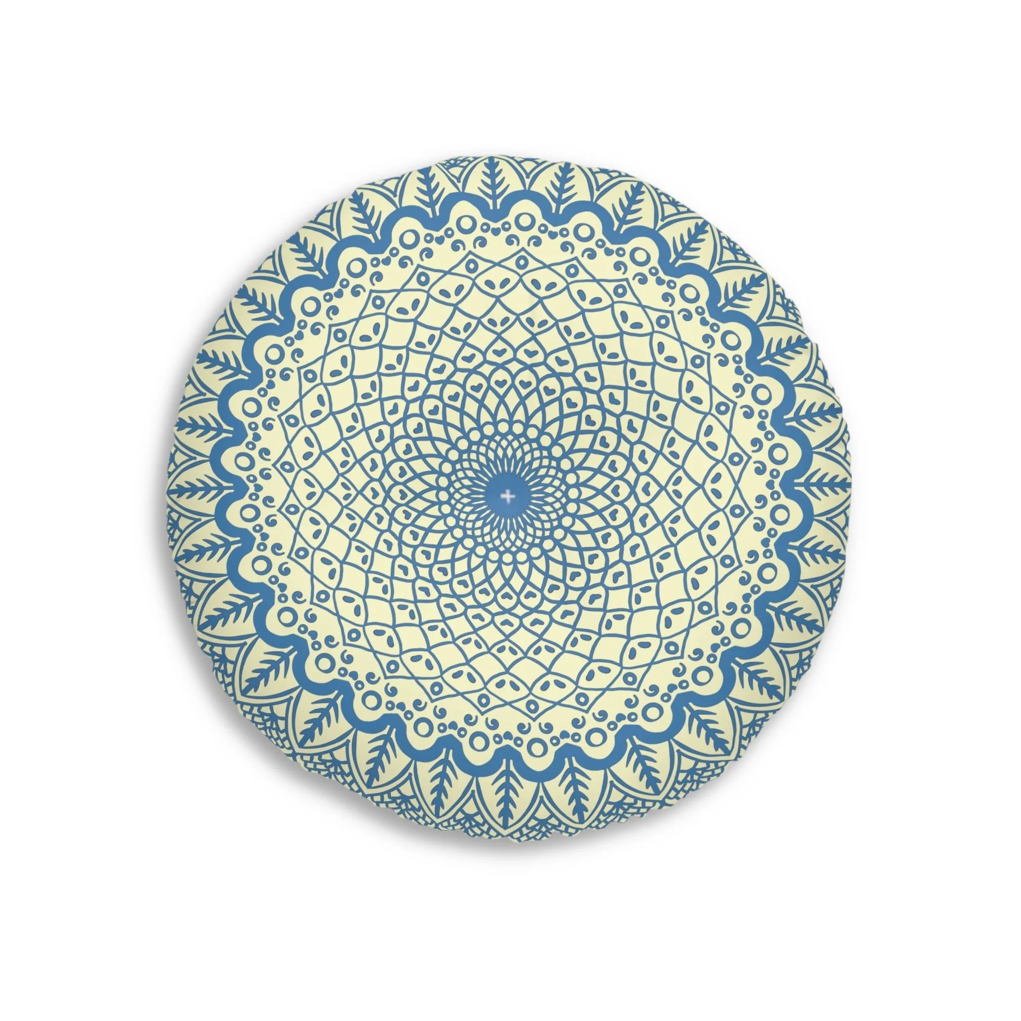 Handmade Mandala Art Steel Blue Cream Floor Cushion - Round