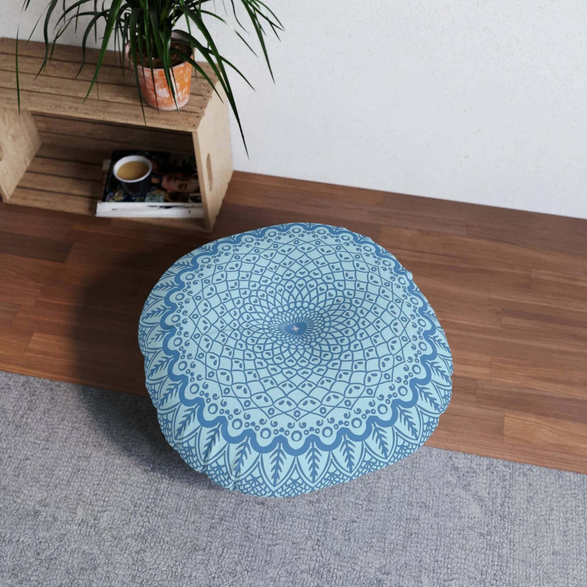 Handmade Steel Blue Mandala Art Floor Cushion - Tufted Round Pillow