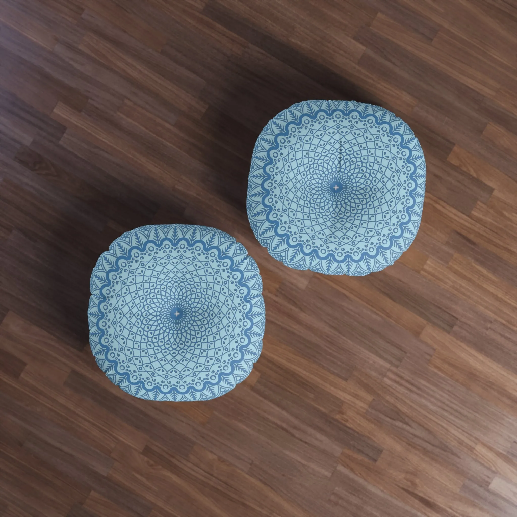 Handmade Steel Blue Mandala Art Floor Cushion - Tufted Round Pillow