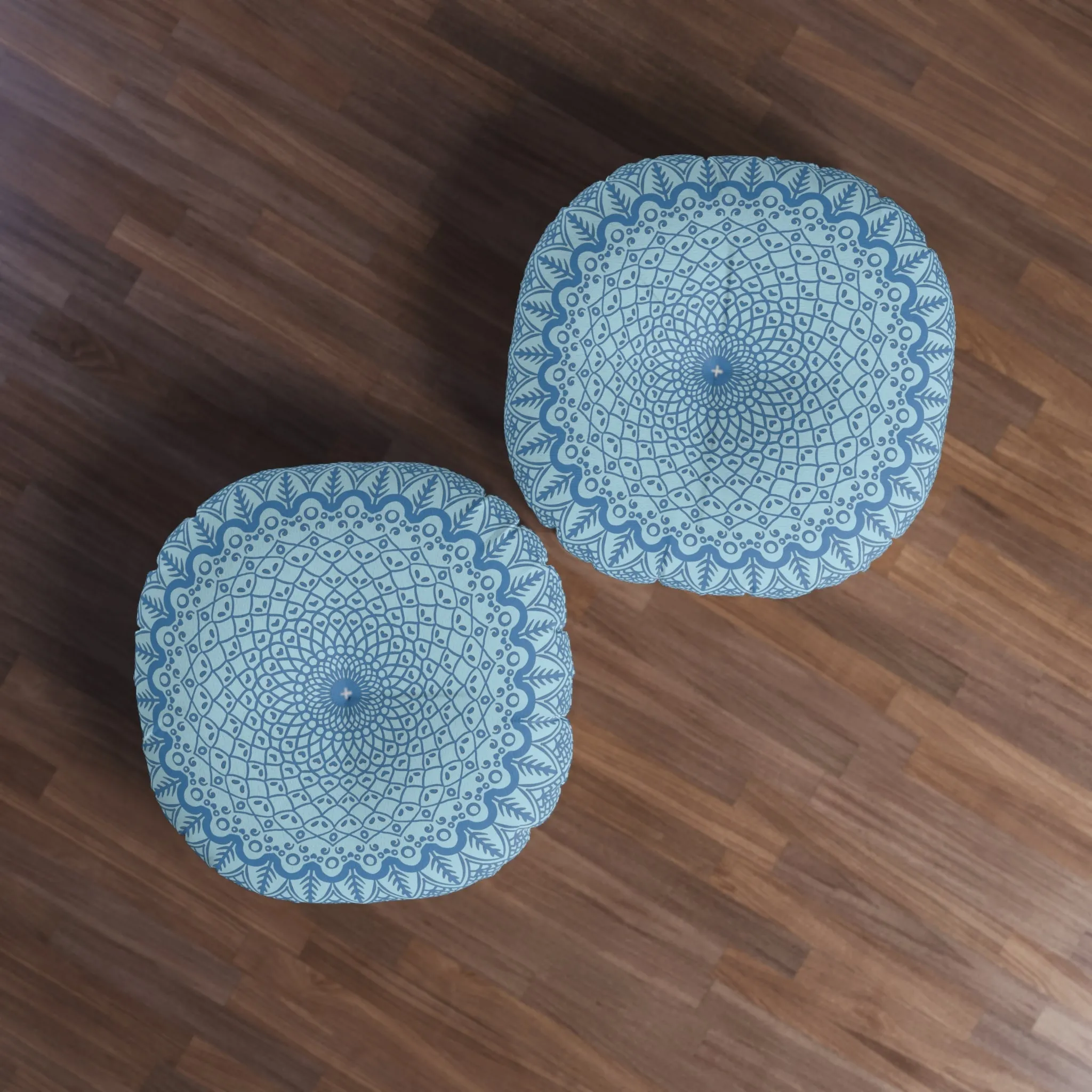 Handmade Steel Blue Mandala Art Floor Cushion - Tufted Round Pillow