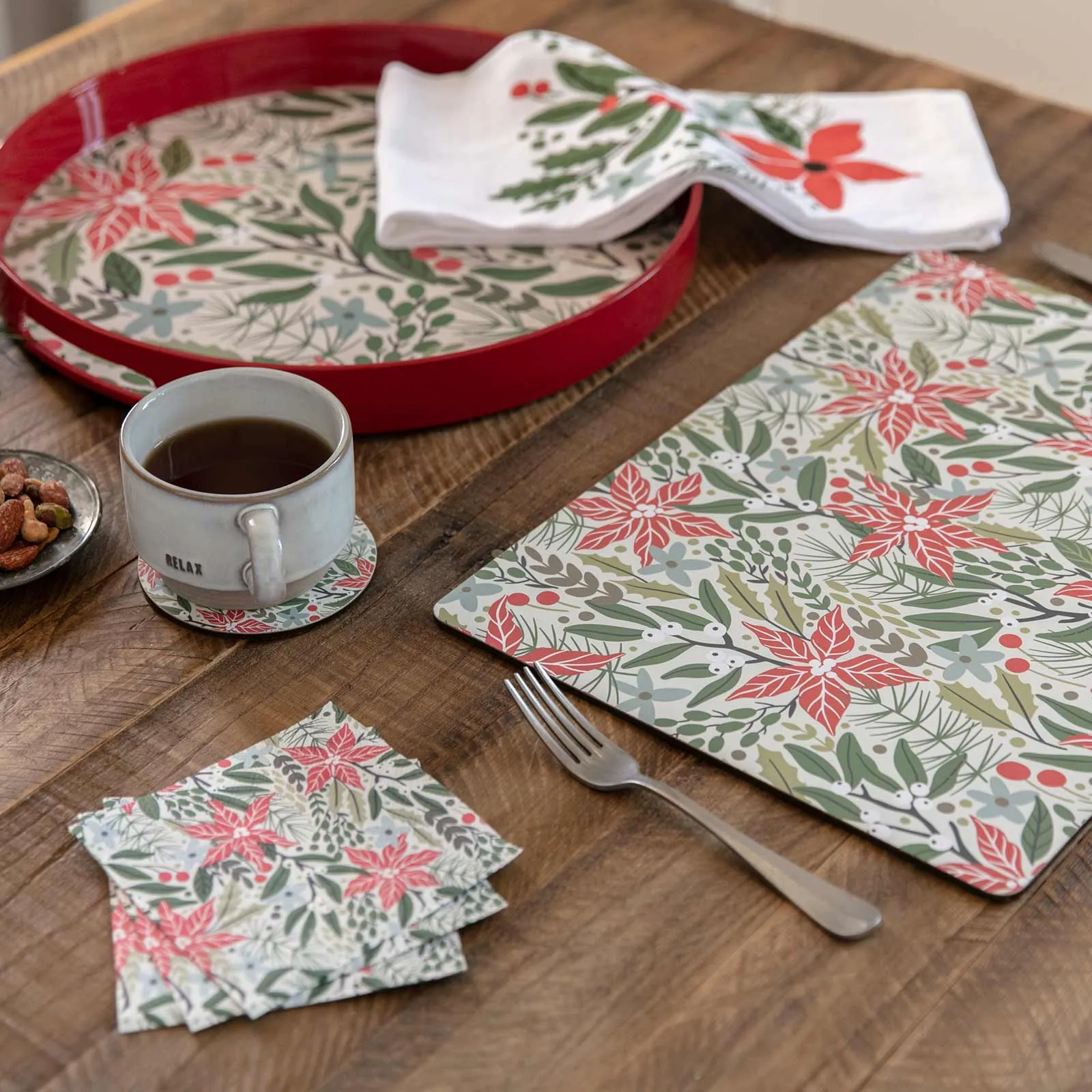 Holiday Poinsettia 15 Inch Round Tray