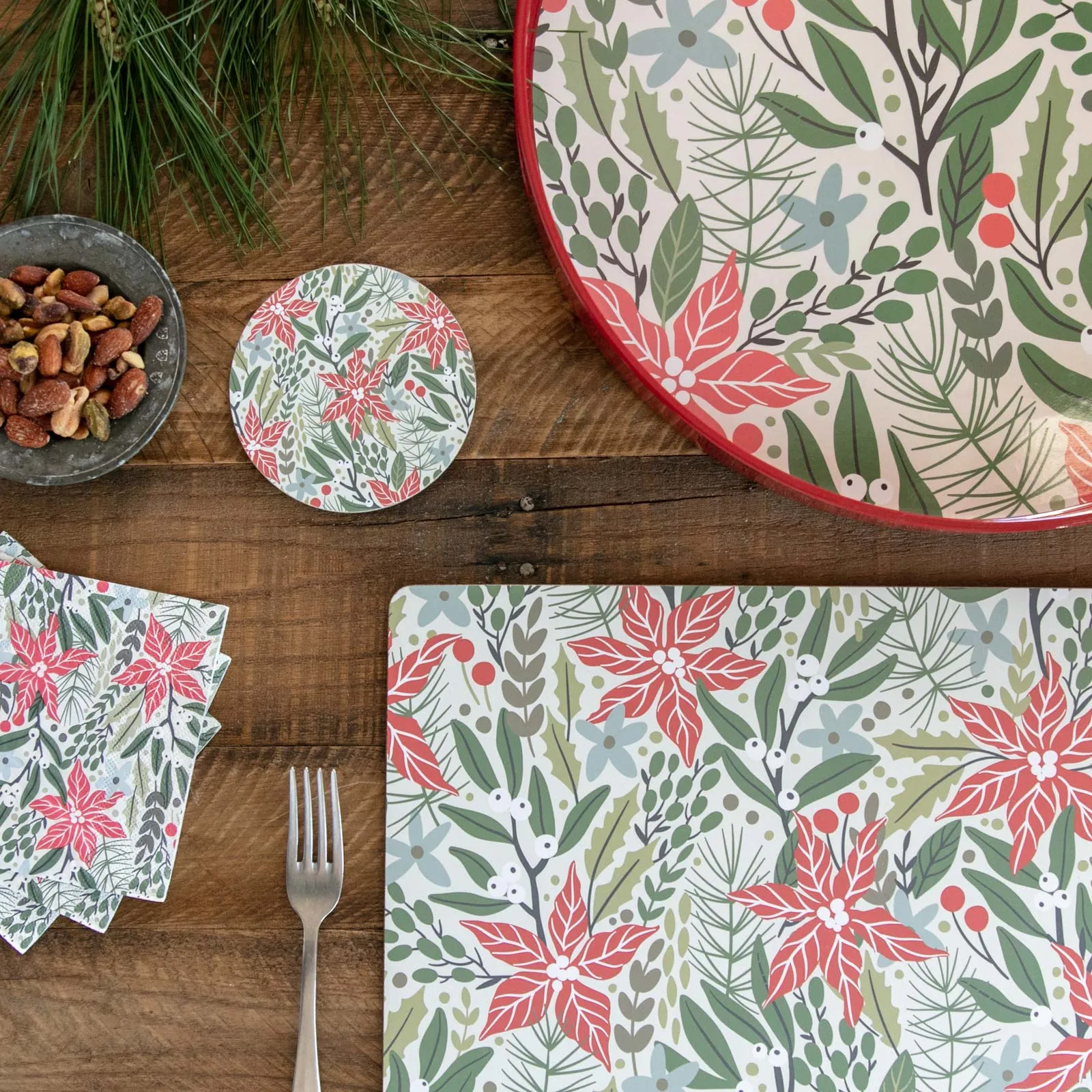 Holiday Poinsettia 15 Inch Round Tray