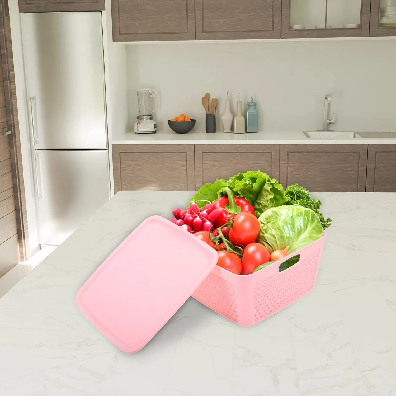 Kuber Industries Netted Design Unbreakable Multipurpose Square Shape Plastic Storage Baskets with lid Large Pack of 3 (Pink)