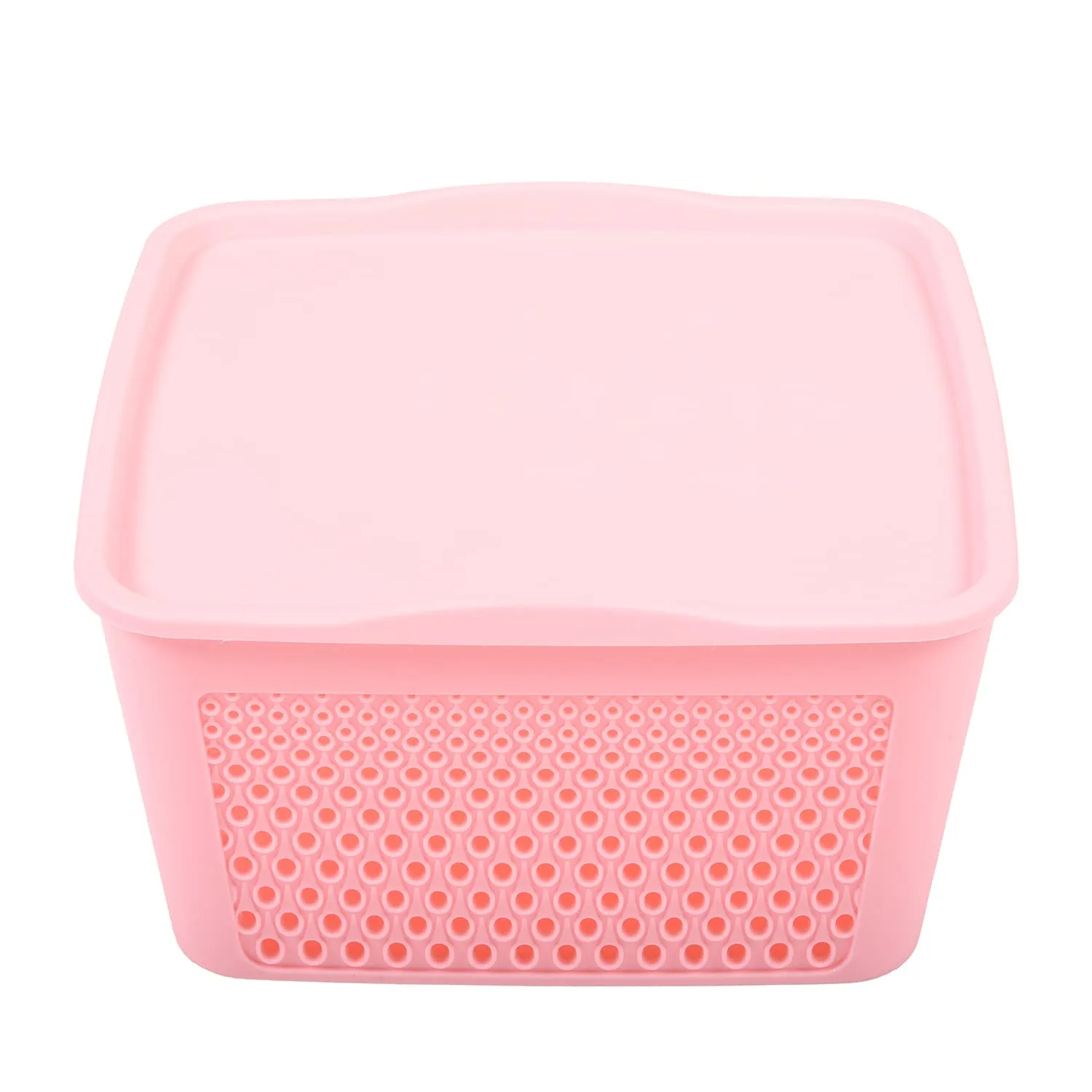 Kuber Industries Netted Design Unbreakable Multipurpose Square Shape Plastic Storage Baskets with lid Large Pack of 3 (Pink)