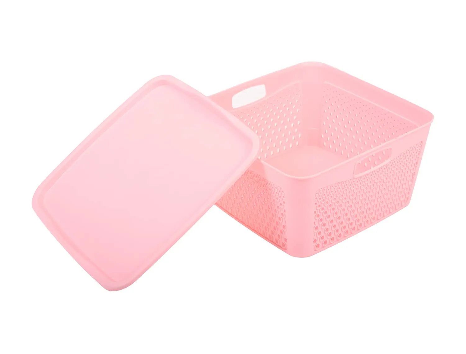 Kuber Industries Netted Design Unbreakable Multipurpose Square Shape Plastic Storage Baskets with lid Large Pack of 3 (Pink)