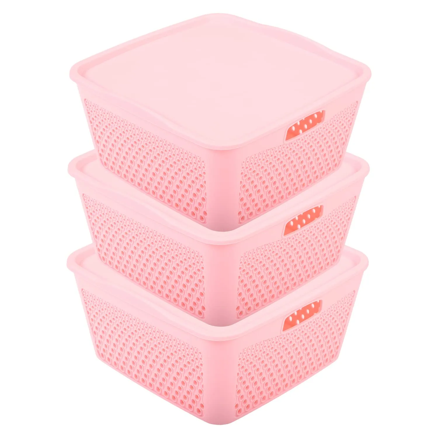 Kuber Industries Netted Design Unbreakable Multipurpose Square Shape Plastic Storage Baskets with lid Large Pack of 3 (Pink)