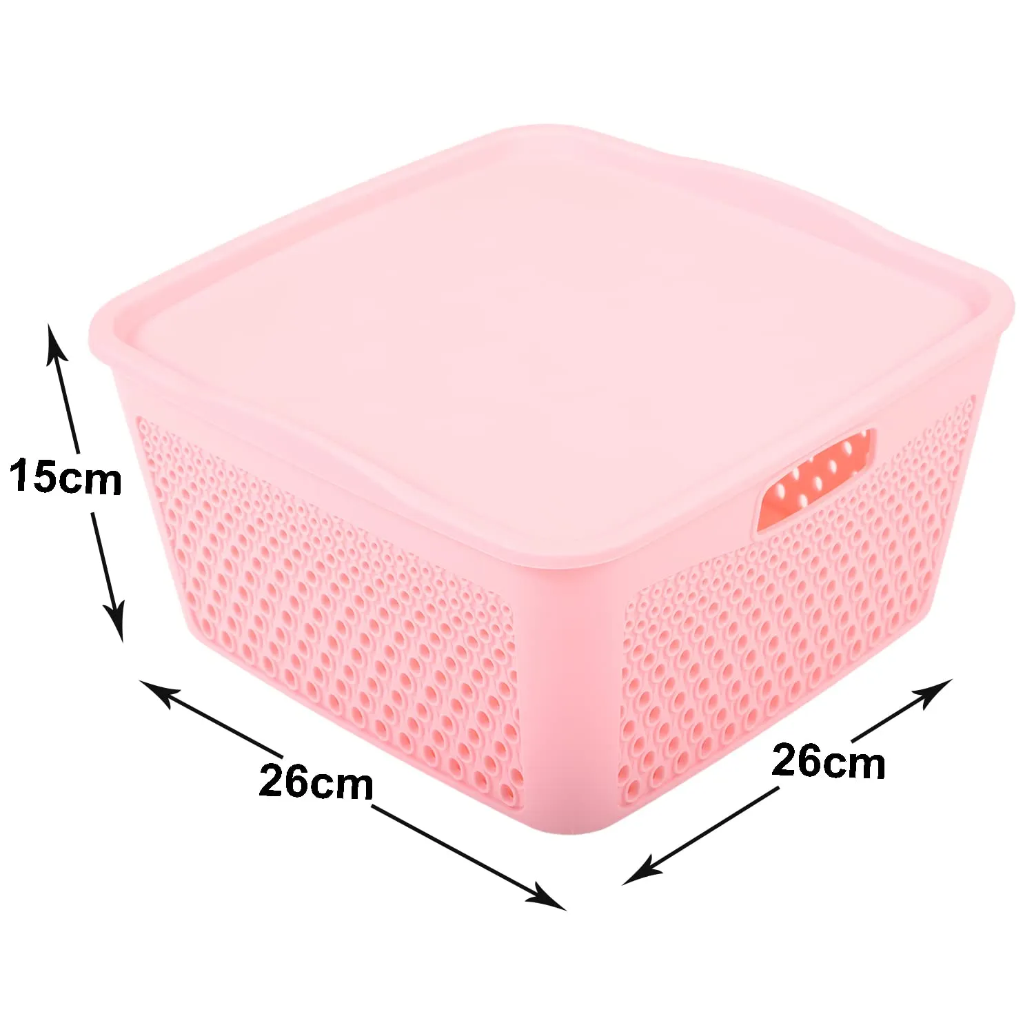 Kuber Industries Netted Design Unbreakable Multipurpose Square Shape Plastic Storage Baskets with lid Large Pack of 3 (Pink)