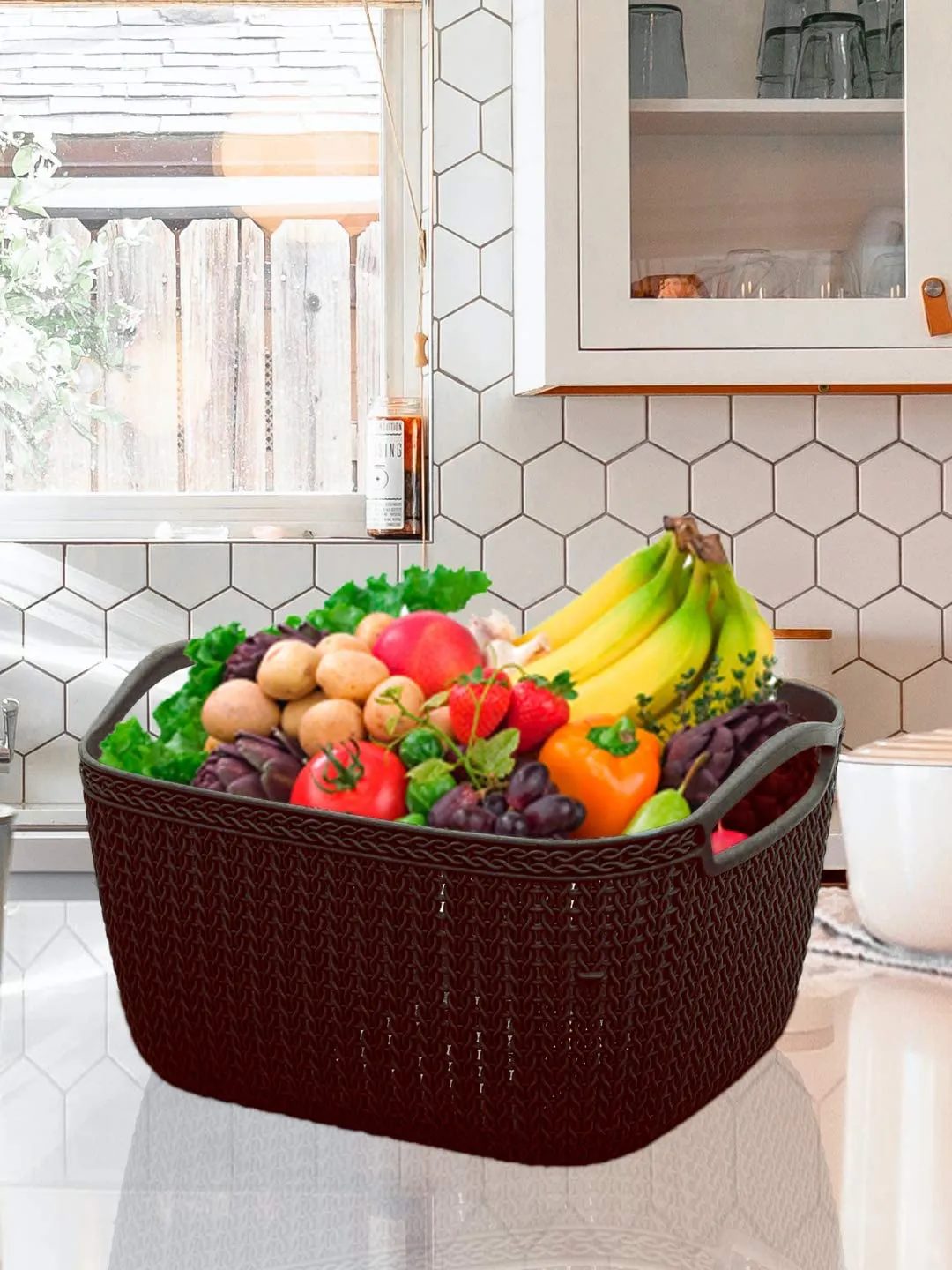 Kuber Industries Q-5 Unbreakable Plastic 2 Pieces Multipurpose Medium Size Flexible Storage Baskets/Fruit Vegetable Bathroom Stationary Home Basket with Handles (Light Green)