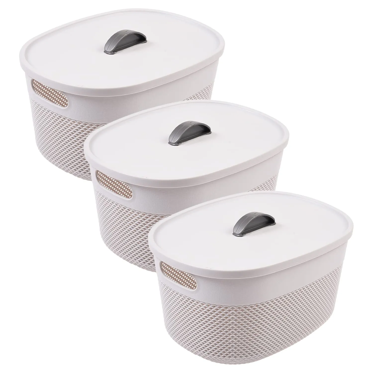Kuber Industries Unbreakable Large Multipurpose Storage Baskets with lid|Design-Netted|Material-Plastic|Shape-Oval|Color-Grey|Pack of 3