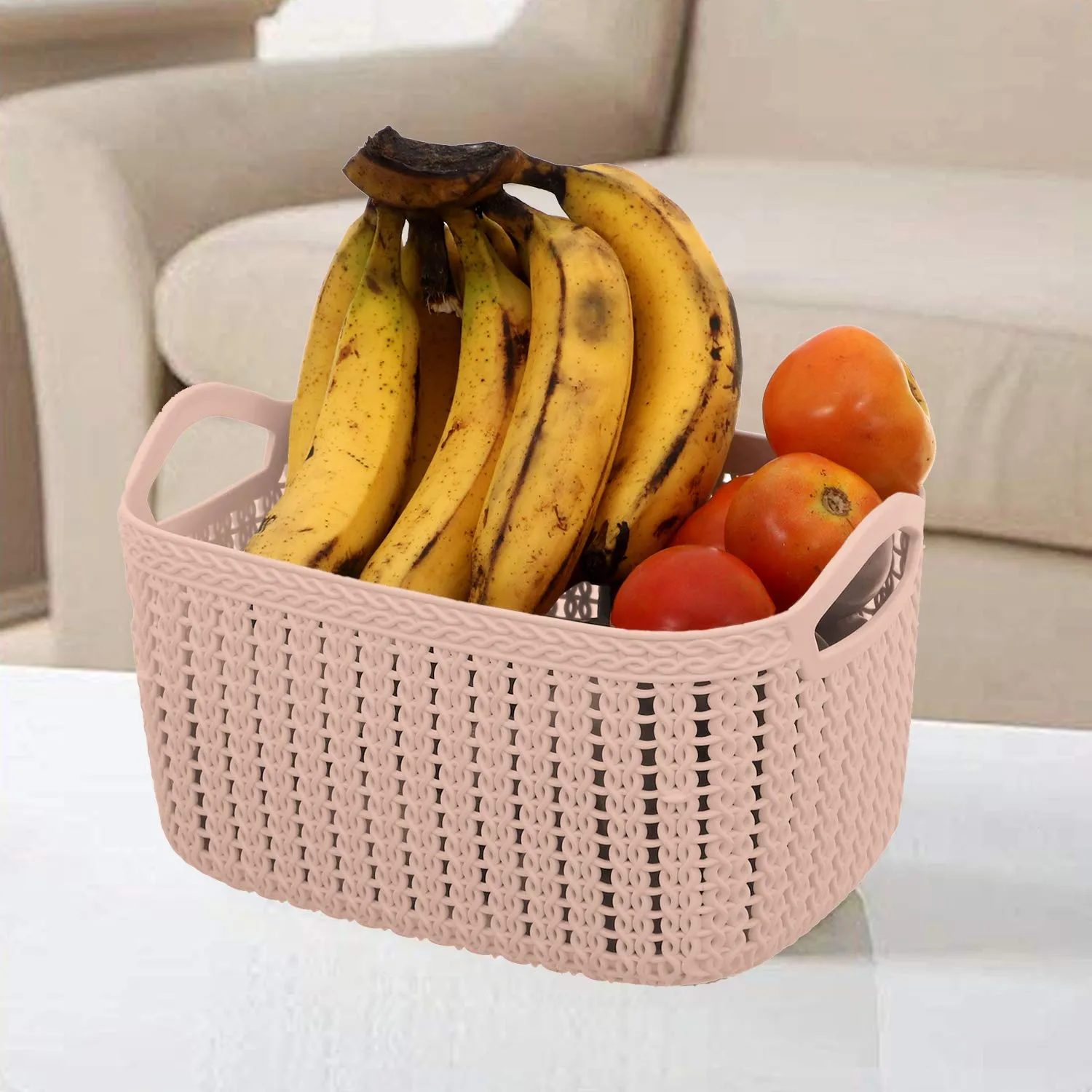 Kuber Industries Unbreakable Plastic 4 Pieces Multipurpose Medium Size Flexible Storage Baskets/Fruit Vegetable Bathroom Stationary Home Basket with Handles (Peach) -CTKTC39040