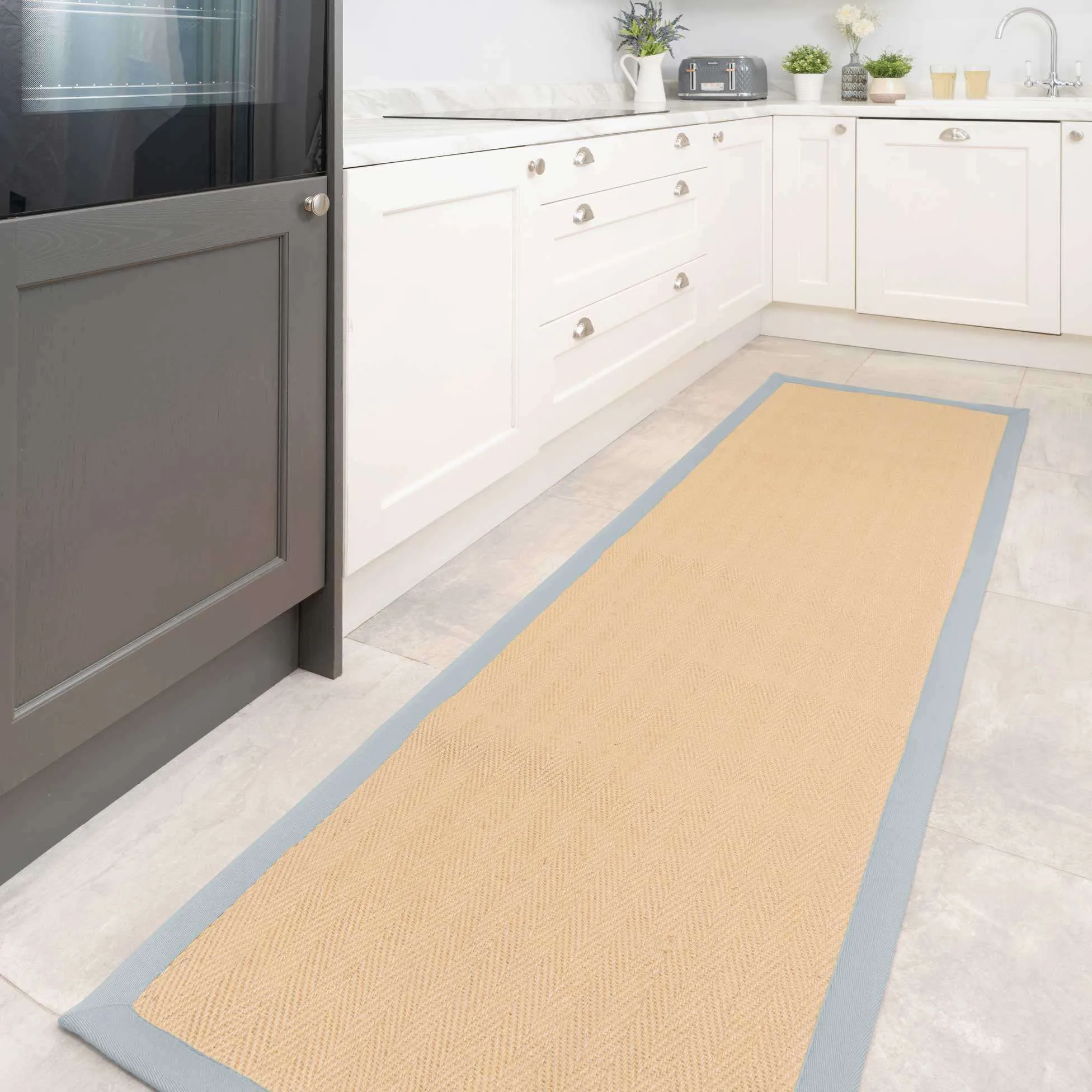Light Blue Cotton Border Natural Hallway Jute Runner