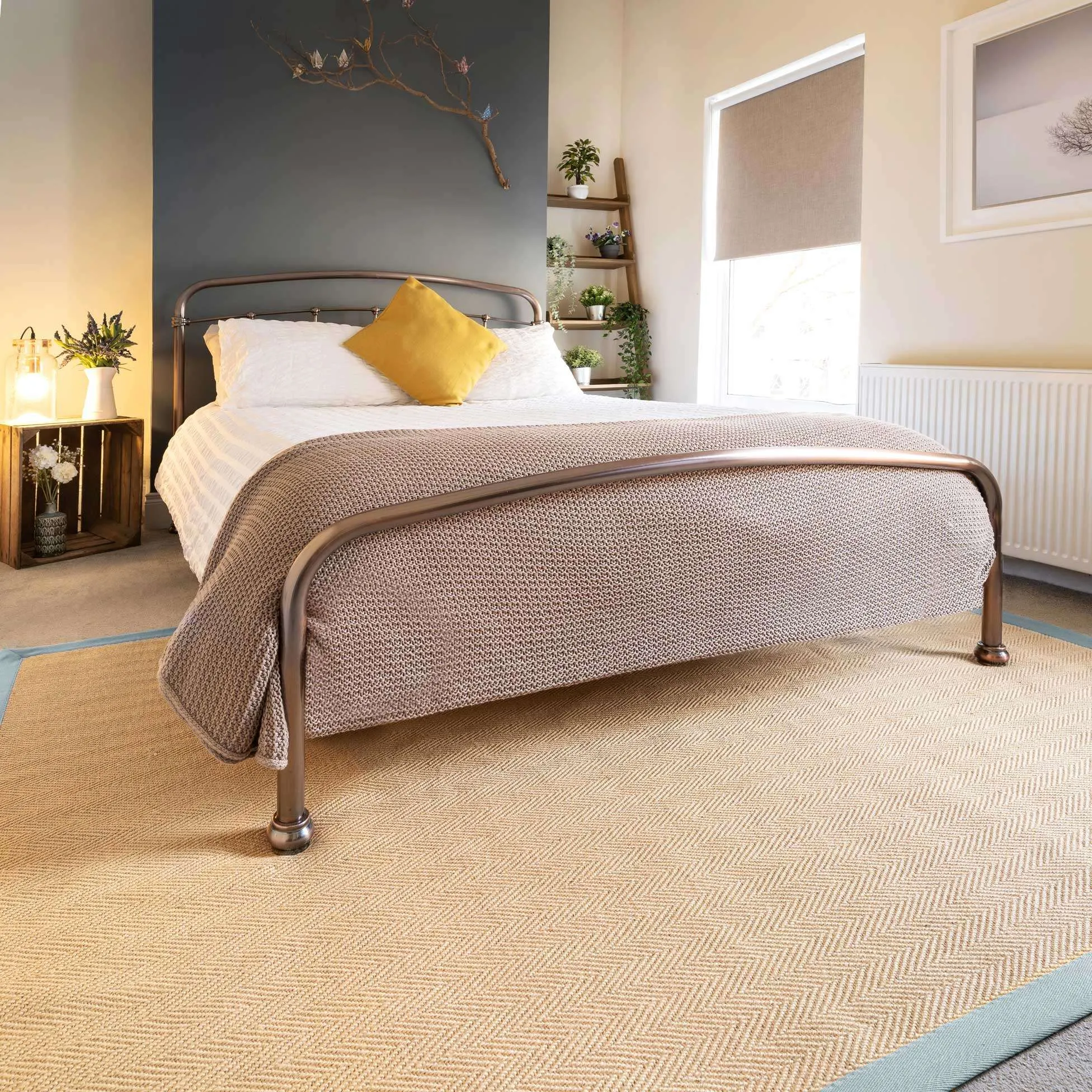 Light Blue Cotton Border Natural Hallway Jute Runner