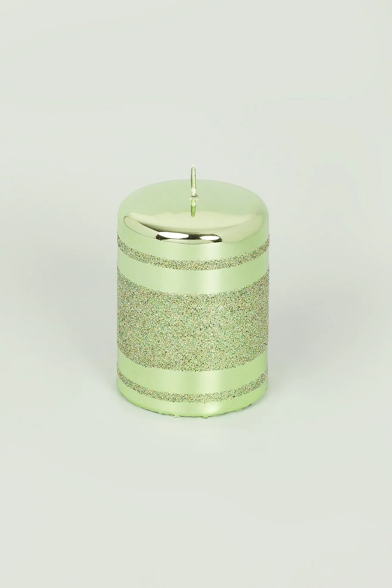 Light Green Striped Glitter Glass Effect Reflecting Gloss Pillar Ball Candles