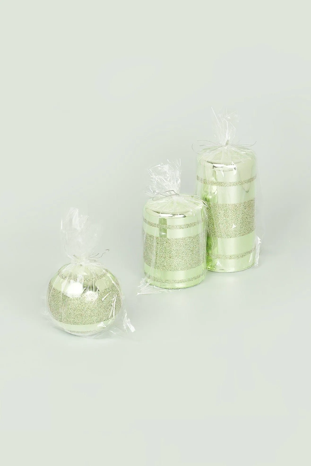 Light Green Striped Glitter Glass Effect Reflecting Gloss Pillar Ball Candles