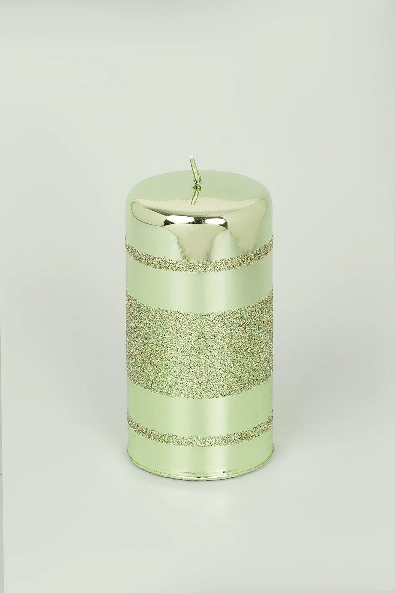 Light Green Striped Glitter Glass Effect Reflecting Gloss Pillar Ball Candles