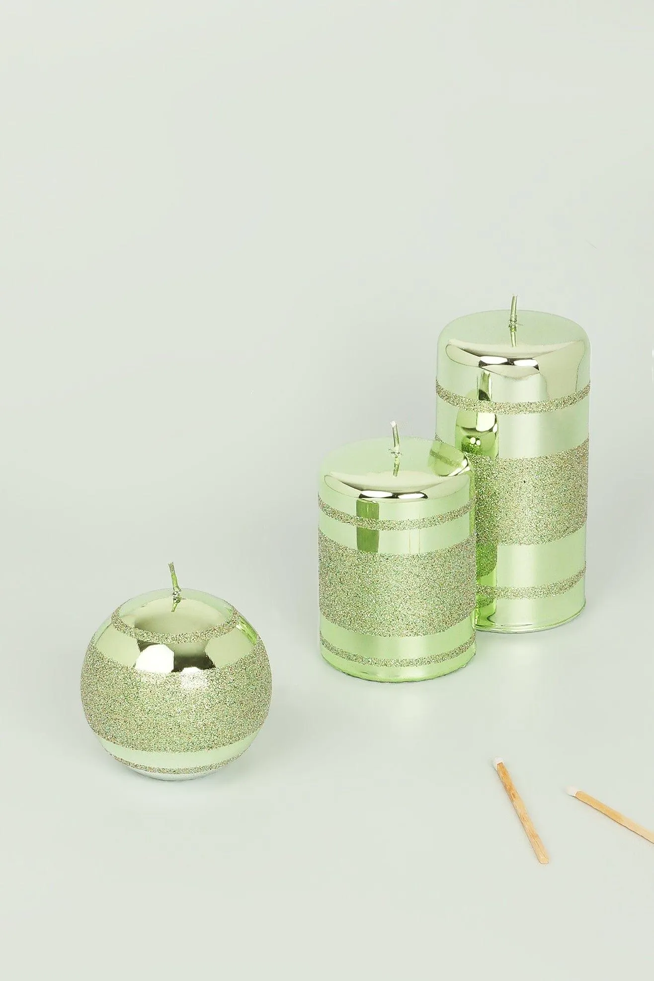 Light Green Striped Glitter Glass Effect Reflecting Gloss Pillar Ball Candles