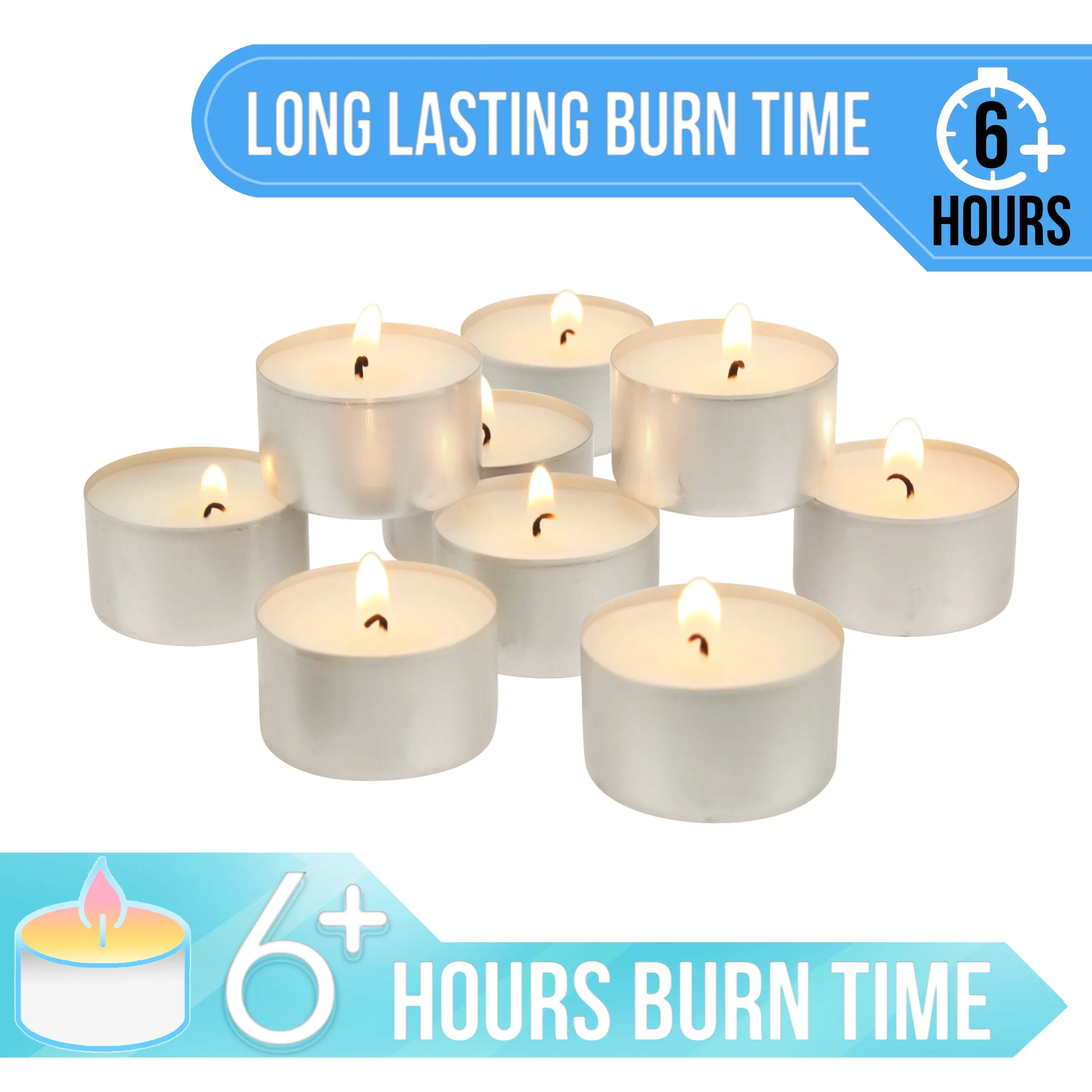 Long Burning Tea Light Candles,  6 to 7 Hour Extended Burn Time, White, Unscented, Bulk 200-Pack