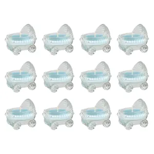Mega Candles 12 pcs Baby Powder Scented Blue Glass Baby Carriage Palm Wax Container Candle, Great Baby Favors, Gift Giving, Decorative Accent, Memory Keepsake, Aromatic Delight, Self-Care Rituals