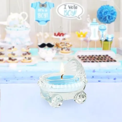 Mega Candles 12 pcs Baby Powder Scented Blue Glass Baby Carriage Palm Wax Container Candle, Great Baby Favors, Gift Giving, Decorative Accent, Memory Keepsake, Aromatic Delight, Self-Care Rituals