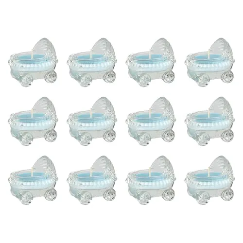 Mega Candles 12 pcs Baby Powder Scented Blue Glass Baby Carriage Palm Wax Container Candle, Great Baby Favors, Gift Giving, Decorative Accent, Memory Keepsake, Aromatic Delight, Self-Care Rituals