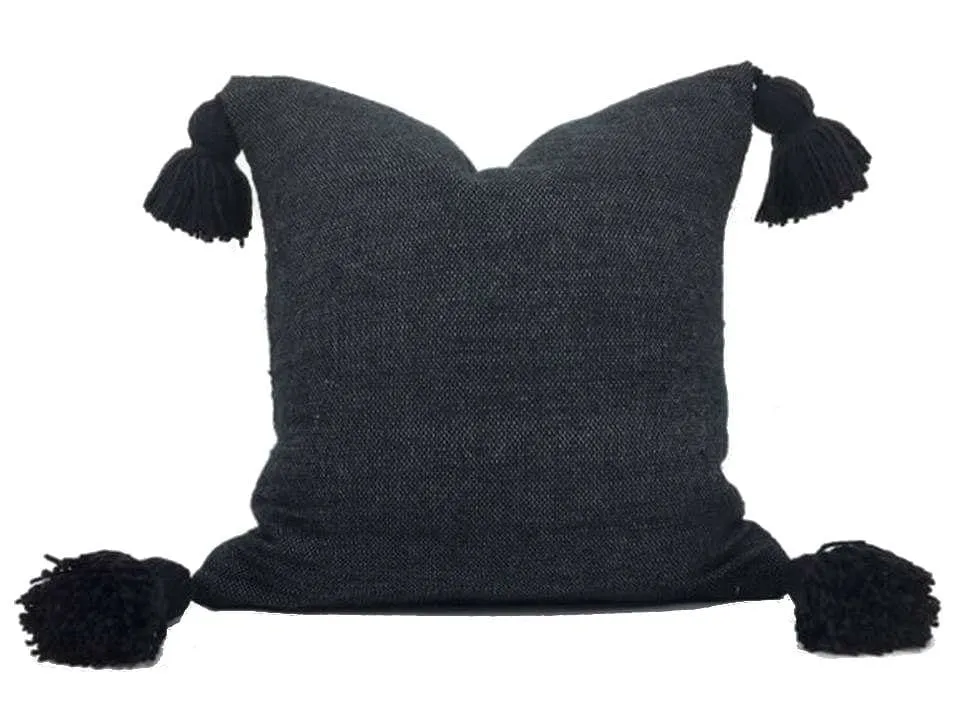 Moroccan Pom Pom Pillow Cover - Black