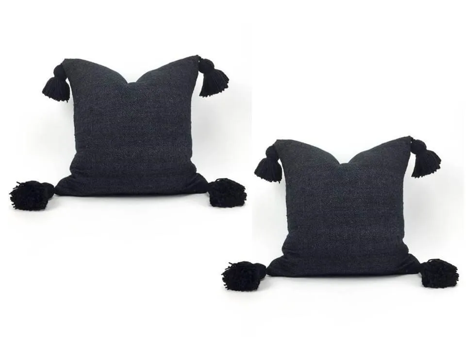 Moroccan Pom Pom Pillow Cover - Black