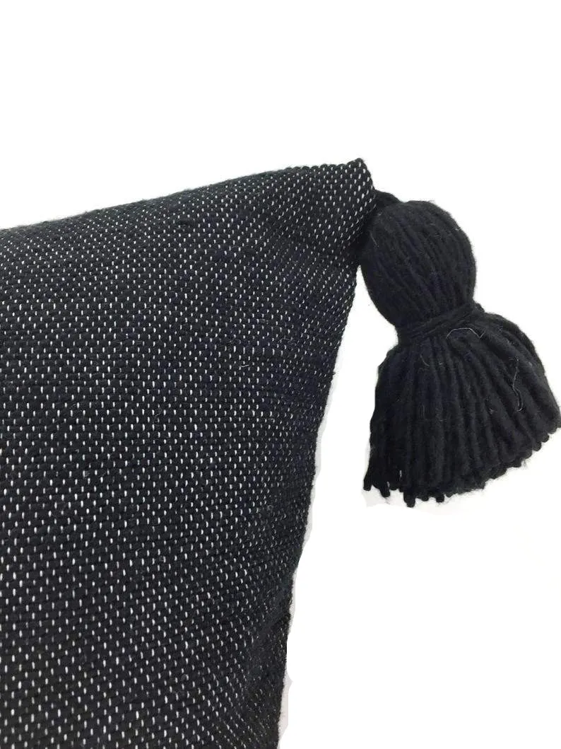 Moroccan Pom Pom Pillow Cover - Black