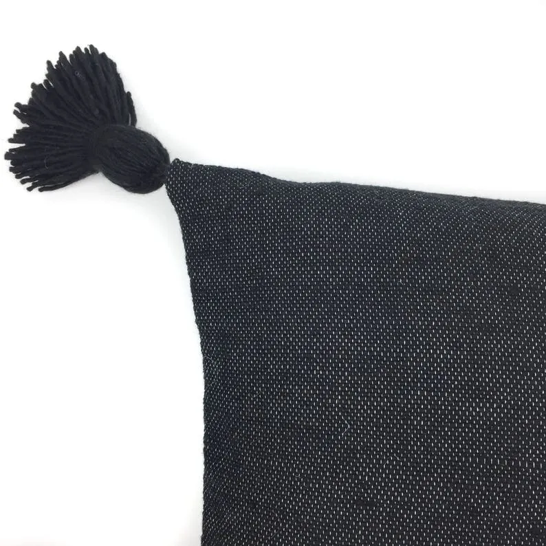 Moroccan Pom Pom Pillow Cover - Black