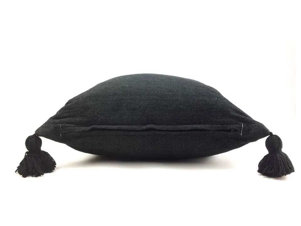 Moroccan Pom Pom Pillow Cover - Black