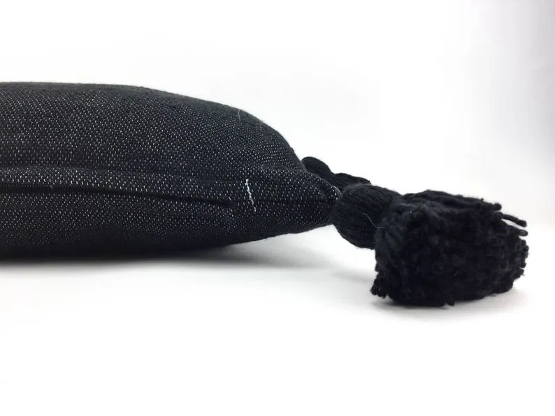 Moroccan Pom Pom Pillow Cover - Black