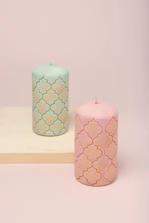 Morocco Light Brass Pink Green Pillar Candle