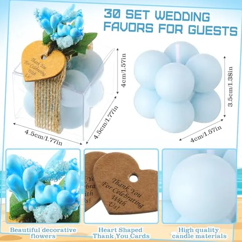 MTLEE 30 Sets Small Wedding Favors Candles for Guests 1.4 x 1.6 Inches Bulk Bubble Candles Gifts Bridal Shower Favors Candles with Thank You Cards Ribbons Dried Flowers Gifts (Blue)