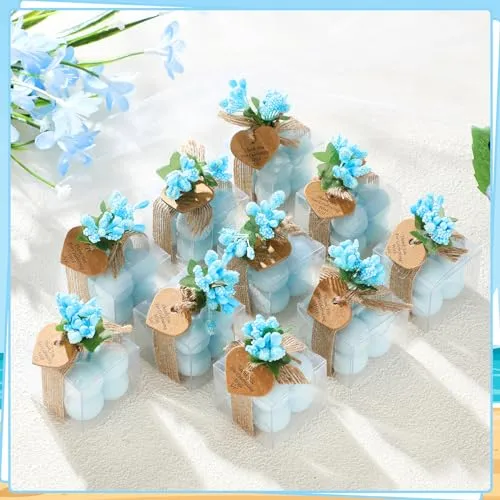MTLEE 30 Sets Small Wedding Favors Candles for Guests 1.4 x 1.6 Inches Bulk Bubble Candles Gifts Bridal Shower Favors Candles with Thank You Cards Ribbons Dried Flowers Gifts (Blue)